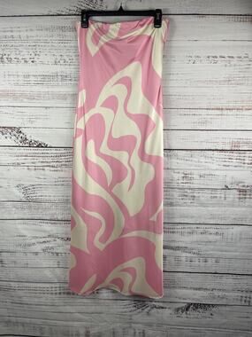 SNDYS. Dress Women's Medium Pink Geometric Satin Strapless Off Shoulder Maxi